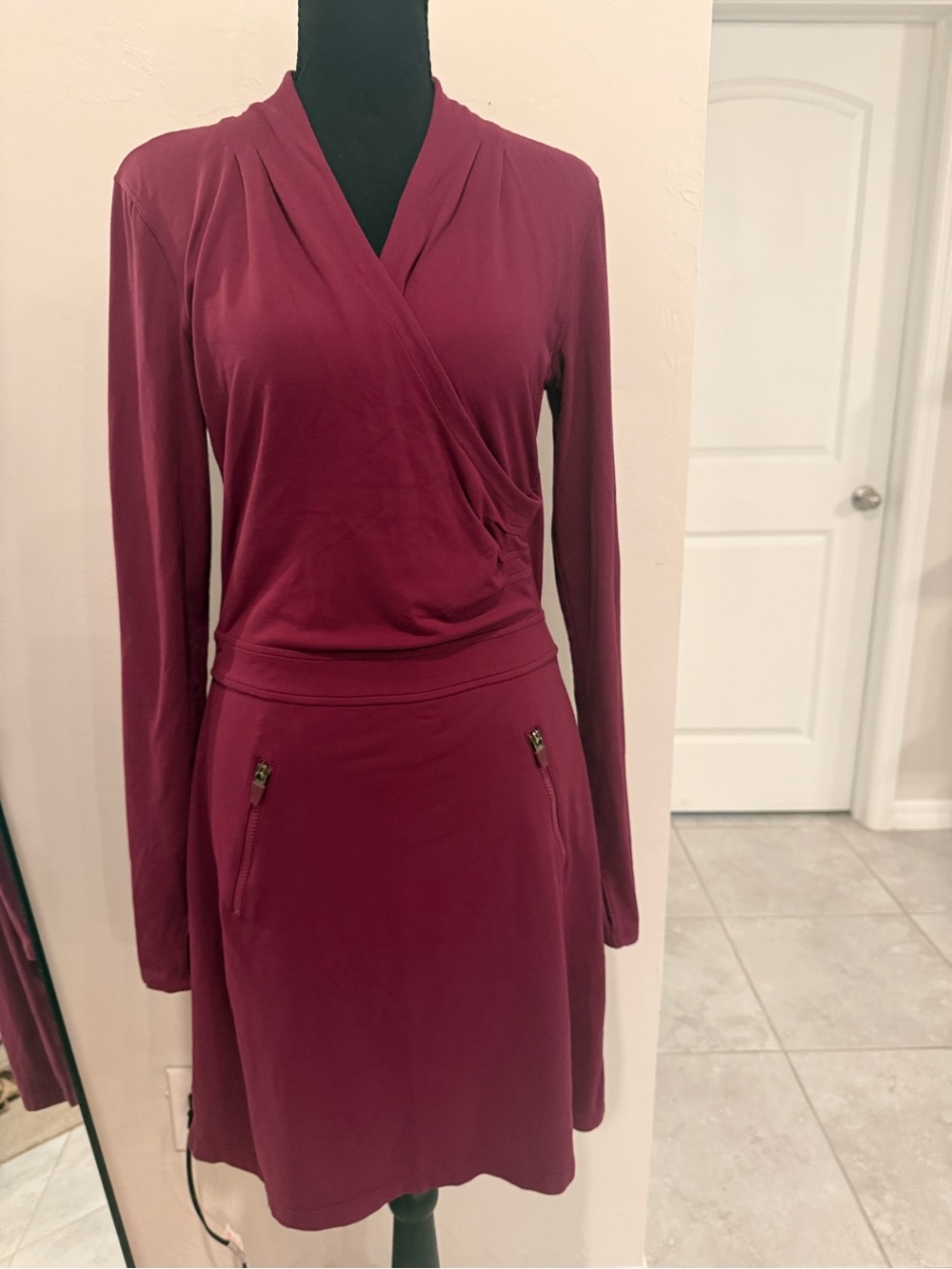 Athleta Wine Burgundy Long Sleeve Faux Wrap Zip Pocket Dress